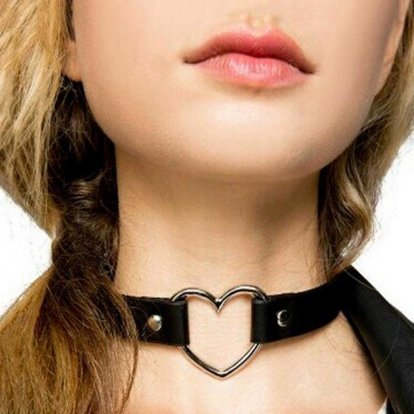 Siyah Deri Tasma Kalp 35 cm Choker Bayan Kolye Hediyelik Takı - 2