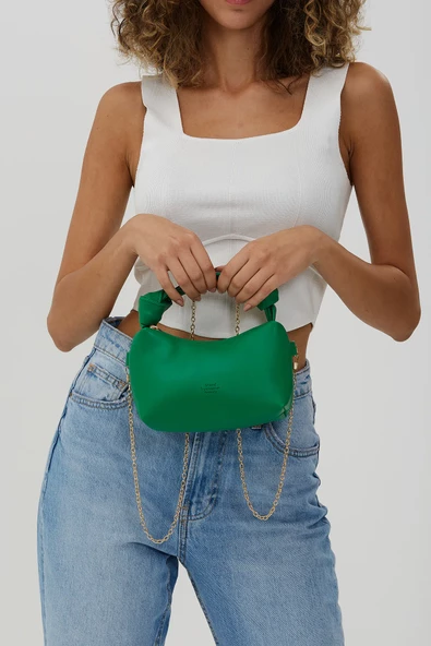 Çimen Yeşili Shk24 Soft Deri Düğüm Detaylı Zincir Askılı El Ve Omuz Çantası U:14 E:22 G:8 Cm - Resim 3