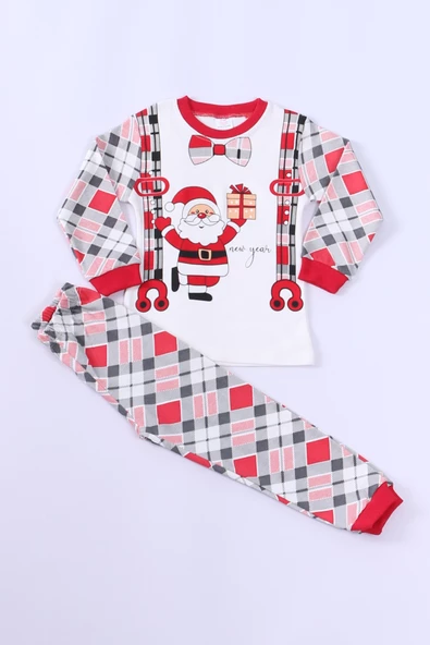 ÇOCUK YILBAŞI PİJAMA TAKIMI NOEL BABA BASKILI RİBANALI D8 - Resim 3