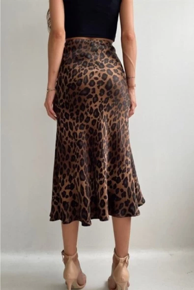 Leopar Desen Viskon Saten Kumaş Midi Boy Kahverengi Etek - 4