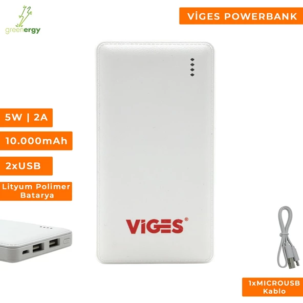 VİGES 10.000 mAh 2xUSB POWERBANK BEYAZ