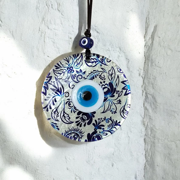 Nazar Boncuklu Yaprak Desenli Gümüş Rengi Füzyon Cam El Yapımı 12 Cm Duvar Süsü Nazarlık Hediyelik Eşya - Resim 3