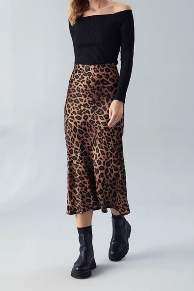 Leopar Desen Viskon Saten Kumaş Midi Boy Kahverengi Etek - 2