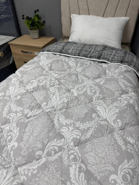 Clasy %100 Pamuk Ranforce Tek kişilik Yorgan Çift Taraflı Gri Ekose Çiçek Desenli - 3
