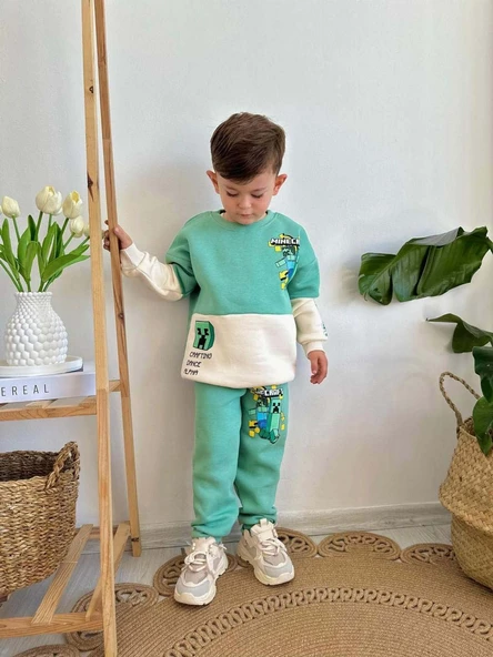 ERKEK ÇOCUK MİNECRAFT MODELLİ 3 İPLİK ŞARDONLU  KALIN KIŞLIK EŞOFMAN TAKIMI - 1
