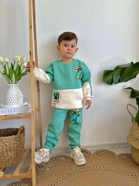 ERKEK ÇOCUK MİNECRAFT MODELLİ 3 İPLİK ŞARDONLU  KALIN KIŞLIK EŞOFMAN TAKIMI - 2