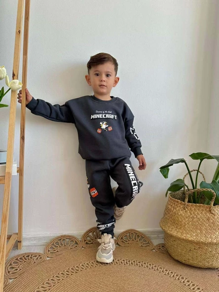 ERKEK ÇOCUK MİNECRAFT MODELLİ 3 İPLİK ŞARDONLU  KALIN KIŞLIK EŞOFMAN TAKIMI - 5