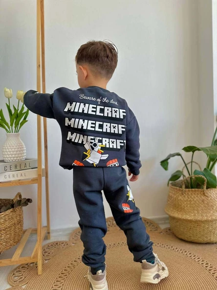 ERKEK ÇOCUK MİNECRAFT MODELLİ 3 İPLİK ŞARDONLU  KALIN KIŞLIK EŞOFMAN TAKIMI - 6