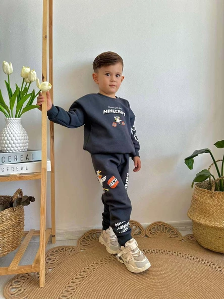 ERKEK ÇOCUK MİNECRAFT MODELLİ 3 İPLİK ŞARDONLU  KALIN KIŞLIK EŞOFMAN TAKIMI - 4