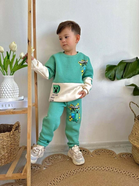 ERKEK ÇOCUK MİNECRAFT MODELLİ 3 İPLİK ŞARDONLU  KALIN KIŞLIK EŞOFMAN TAKIMI - 3
