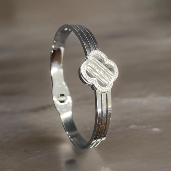 Çiçek Desen Zirkon Taş Gümüş Renk Antialerjik 316L Şık ve Modern Çelik Kadın Bileklik ürün görseli 1