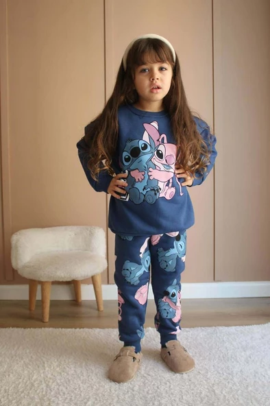 KIZ ÇOCUK STİTCH MODELLİ 3 İPLİK ŞARDONLU KALIN KIŞLIK EŞOFMAN TAKIMI - 2