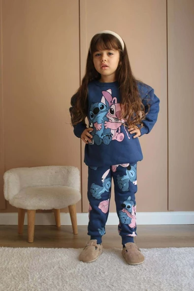 KIZ ÇOCUK STİTCH MODELLİ 3 İPLİK ŞARDONLU KALIN KIŞLIK EŞOFMAN TAKIMI