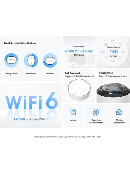 TP-Link Deco X50-PoE(2-pack), AX3000 Mbps, PoE Destekli, Dual-Band, 2,5Gbps Ethernet Portu, 150 Cihaza Kadar Bağlantı, 420 m² 'ye Kadar Kapsama, Mobil Uygulama ile Kolay Kurulum, Wi-Fi 6 Mesh Sistemi