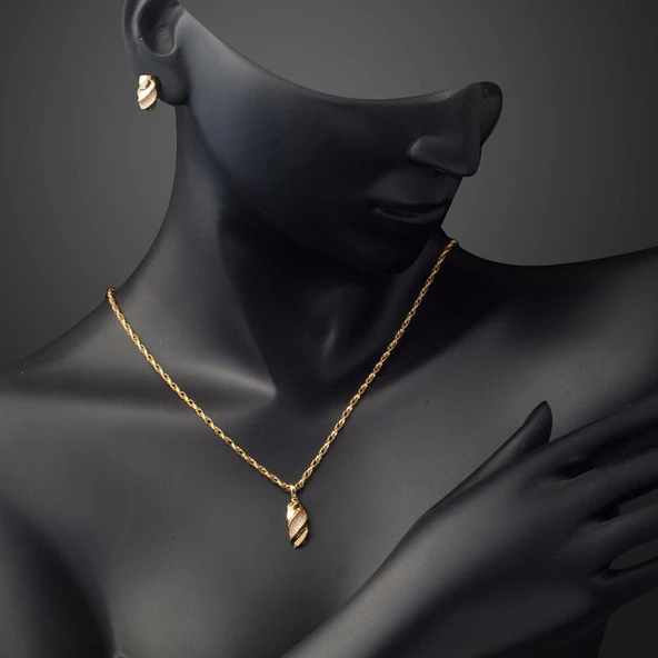 Burgulu Kolye Küpeli 14 Ayar Altın Takı Seti - Resim 3