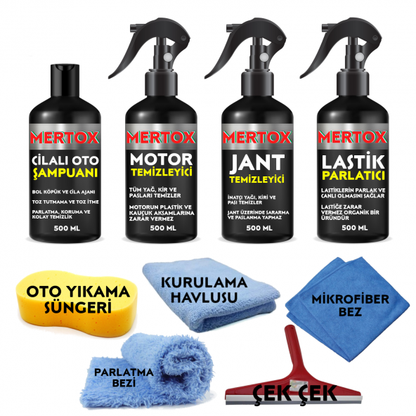 MERTOX ARAÇ ARABA OTOMOBİL OTO TEMİZLİK VE BAKIM SETİ MOTOR JANT TEMİZLEYİCİ CİLALI OTO ŞAMPUANI VE LASTİK PARLATICI 4X500ML