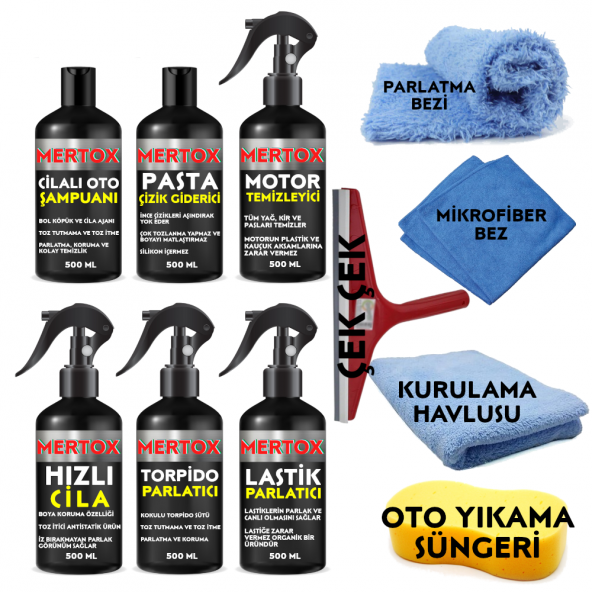 MERTOX ARAÇ ARABA OTOMOBİL OTO TEMİZLİK VE BAKIM SETİ CİLALI OTO ŞAMPUANI+PASTA İNCE ÇİZİK GİDERİCİ+MOTOR TEMİZLEYİCİ+HIZLI CİLA+TORPİDO+LASTİK PARLATICI 6X500ML