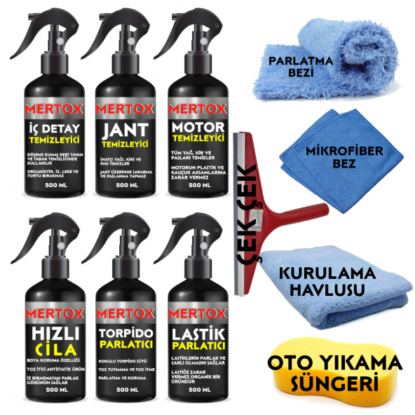 MERTOX ARAÇ ARABA OTOMOBİL OTO TEMİZLİK VE BAKIM SETİ İÇ DETAY+JANT-MOTOR TEMİZLEYİCİ+HIZLI CİLA+TORPİDO+LASTİK PARLATICI 6X500ML