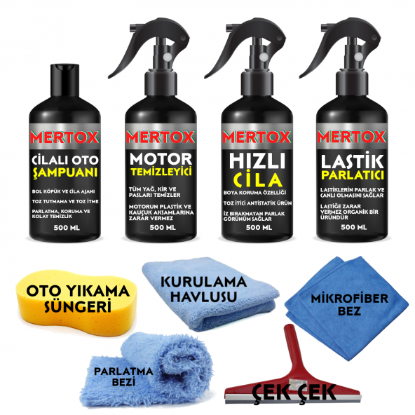 MERTOX ARAÇ ARABA OTOMOBİL OTO TEMİZLİK VE BAKIM SETİ CİLALI OTO ŞAMPUANI+MOTOR TEMİZLEYİCİ+HIZLI CİLA VE LASTİK PARLATICI 4X500ML