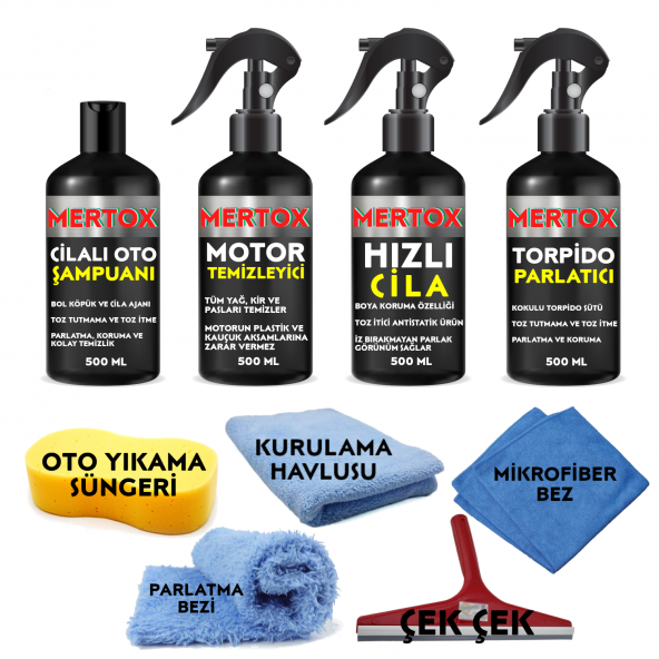 MERTOX ARAÇ ARABA OTOMOBİL OTO TEMİZLİK VE BAKIM SETİ CİLALI OTO ŞAMPUANI+MOTOR TEMİZLEYİCİ+HIZLI CİLA VE TORPİDO PARLATMA SÜTÜ 4X500ML