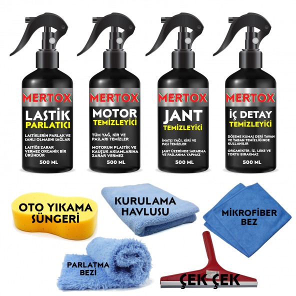 MERTOX ARAÇ ARABA OTOMOBİL OTO TEMİZLİK VE BAKIM SETİ MOTOR JANT İÇ DETAY TEMİZLEYİCİ VE LASTİK PARLATICI 4X500ML TEMİZLEME SOLÜSYON BAKIM KORUMA