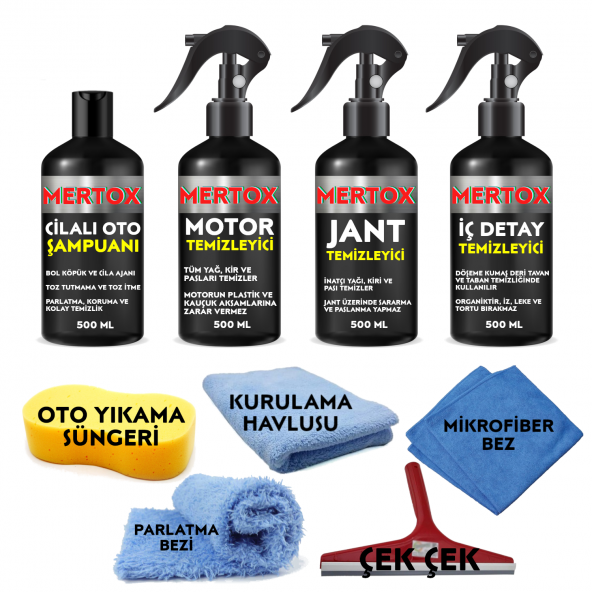 MERTOX ARAÇ ARABA OTOMOBİL OTO TEMİZLİK VE BAKIM SETİ MOTOR JANT İÇ DETAY TEMİZLEYİCİ VE CİLALI OTO ŞAMPUANI 4X500ML