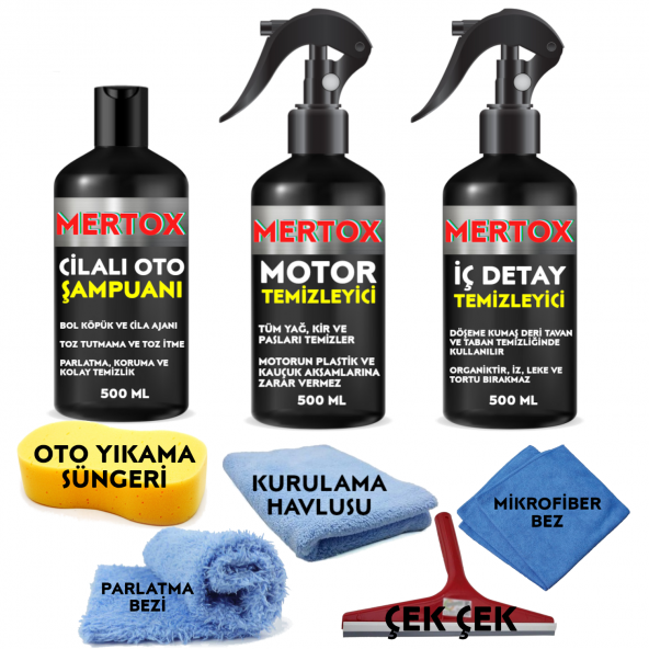 MERTOX ARAÇ ARABA OTOMOBİL OTO TEMİZLİK VE BAKIM SETİ CİLALI OTO ŞAMPUANI+MOTOR+İÇ DETAY TEMİZLEYİCİ 3X500ML TEMİZLEME SOLÜSYON BAKIM KORUMA ürün görseli