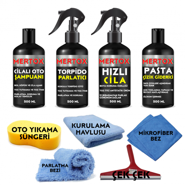 MERTOX ARAÇ ARABA OTOMOBİL OTO TEMİZLİK VE BAKIM SETİ CİLALI OTO ŞAMPUANI+TORPİDO PARLATICI+HIZLI CİLA VE İNCE PASTA ÇİZİK GİDERİCİ 4X500ML