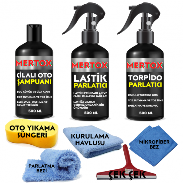 MERTOX ARAÇ ARABA OTOMOBİL OTO TEMİZLİK VE BAKIM SETİ CİLALI OTO ŞAMPUANI+LASTİK+TORPİDO PARLATICI 3X500ML TEMİZLEME SOLÜSYON BAKIM KORUMA