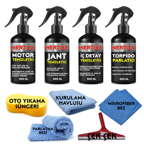 MERTOX ARAÇ ARABA OTOMOBİL OTO TEMİZLİK VE BAKIM SETİ MOTOR JANT İÇ DETAY TEMİZLEYİCİ VE TORPİDO PARLATICI SÜT 4X500ML