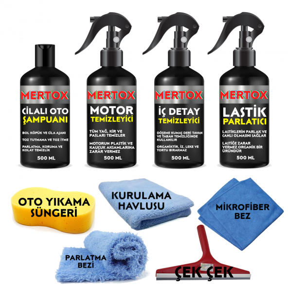 MERTOX ARAÇ ARABA OTOMOBİL OTO TEMİZLİK VE BAKIM SETİ MOTOR İÇ DETAY TEMİZLEYİCİ LASTİK PARLATICI VE CİLALI OTO ŞAMPUANI 4X500ML