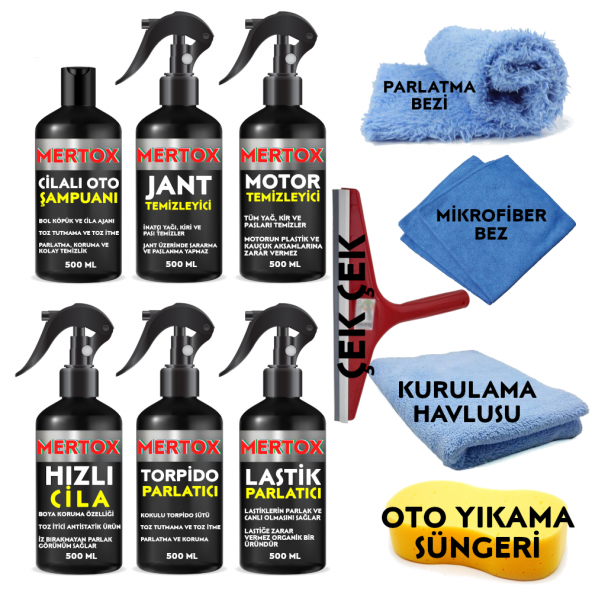 MERTOX ARAÇ ARABA OTOMOBİL OTO TEMİZLİK VE BAKIM SETİ CİLALI OTO ŞAMPUANI+JANT-MOTOR TEMİZLEYİCİ+HIZLI CİLA+TORPİDO+LASTİK PARLATICI 6X500ML