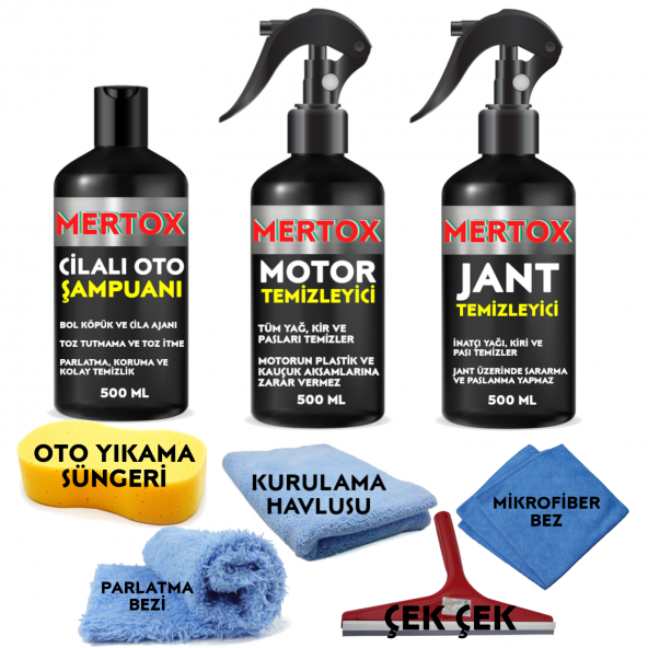 MERTOX ARAÇ ARABA OTOMOBİL OTO TEMİZLİK VE BAKIM SETİ CİLALI OTO ŞAMPUANI+MOTOR+JANT TEMİZLEYİCİ 3X500ML TEMİZLEME SOLÜSYON BAKIM KORUMA