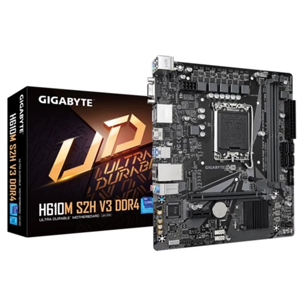 GIGABYTE H610M-S2H-V3-DDR4 3200MHZ 1XVGA 1XHDMI 2XDP 1XM.2 USB 3.2 MATX 1700P (12./13.VE 14.NESİL İŞLEMCİ UYUMLU)