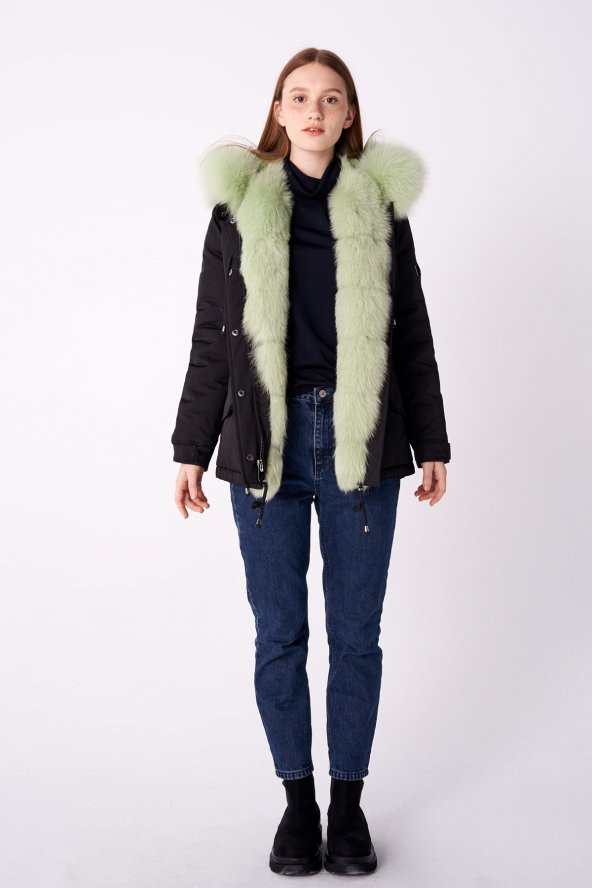 BEJ FİNE FACTORY KADIN KAPÜŞONLU KISA PARKA - 7