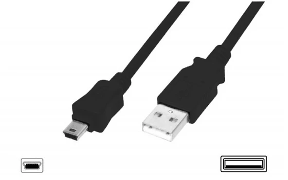 USB 2.0 Bağlantı Kablosu, USB A Erkek - USB mini B (5 pin) Erkek, 1 metre, AWG 28, USB 2.0 uyumlu, UL, siyah renk