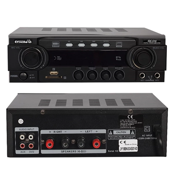 OSAWA HD-510 2X50 WATT 220V/12V GİRİŞ USB-SD -BT-UK TRAFOSUZ 2 MİK GİRİŞLİ STEREO ANFİ