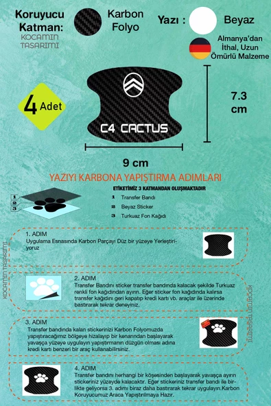 Citroen C4 Cactus İç Kapı Kollarına Özel Karbon Çizik Önleyici Folyo ile Şıklık ve Koruma C4 Cactus Yazılı - 4