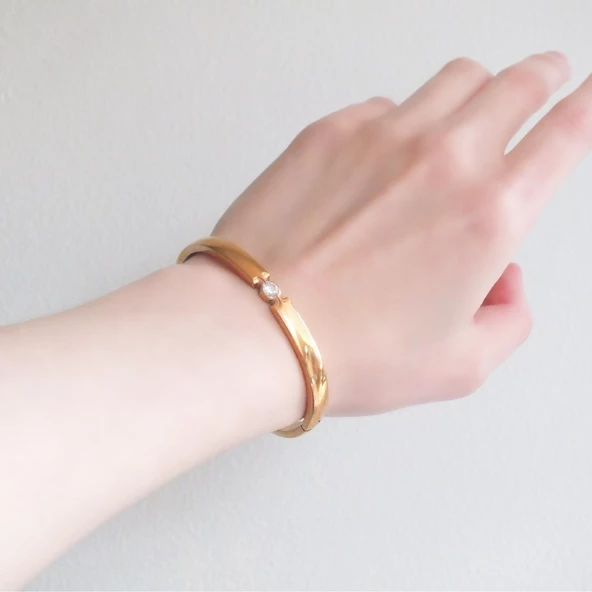 BZ 316l Çelik Rose Zirkon Taşlı Tektaş Şık Spor Kelepçe BLZ-462 - 2