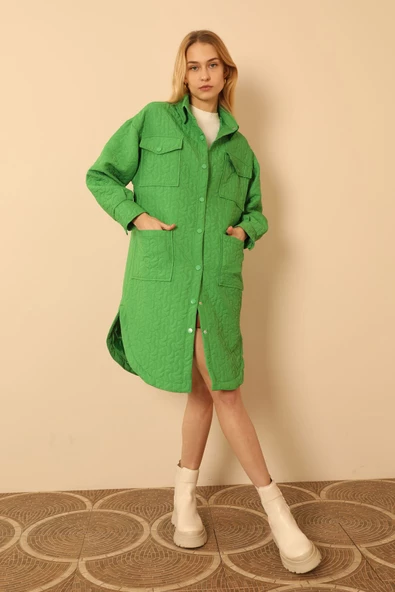 Jakar Kumaş Geometrik Desen Uzun Kadın Oversize Gömlek-Yeşil