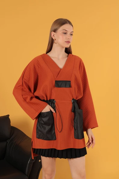 Petek Kumaş Garnili Oversize Kadın Sweat-Tarçın