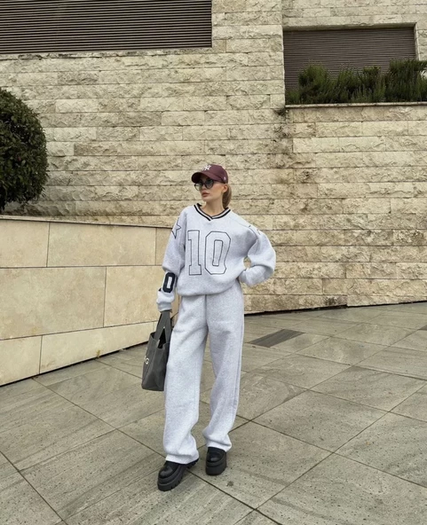 V Yaka  Sweat Takım - Gri - 4