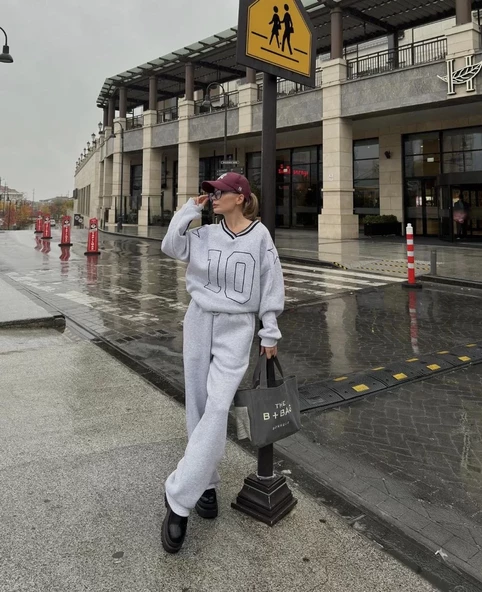 V Yaka  Sweat Takım - Gri - 2