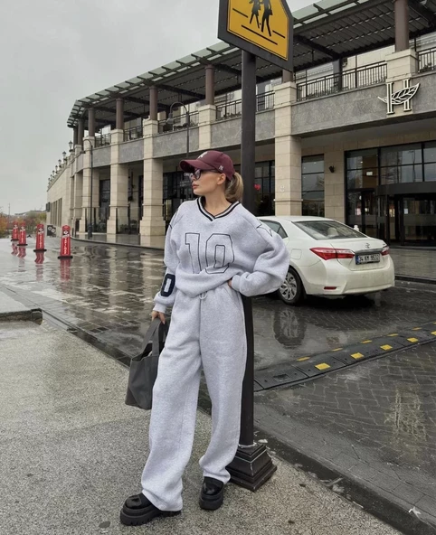 V Yaka  Sweat Takım - Gri - 3