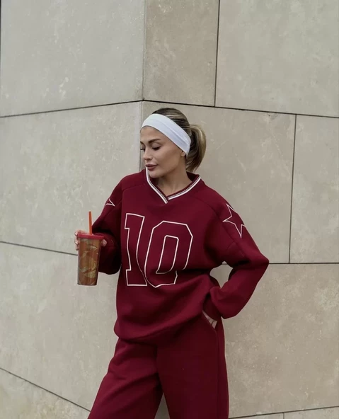 V Yaka Sweat Takım - Bordo