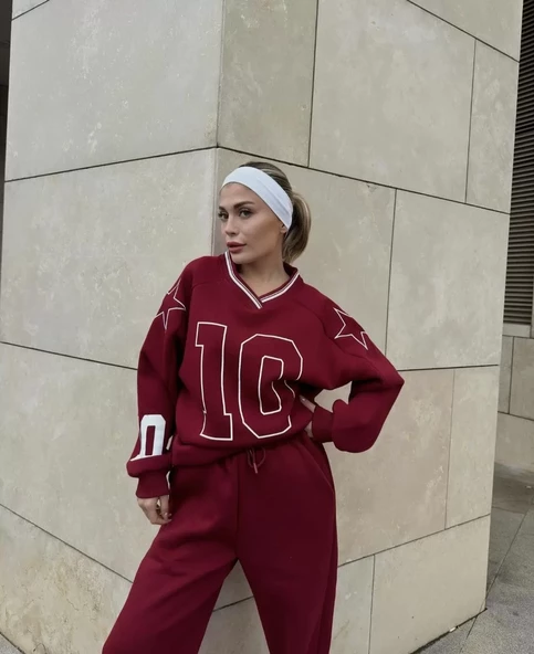 V Yaka Sweat Takım - Bordo - 2