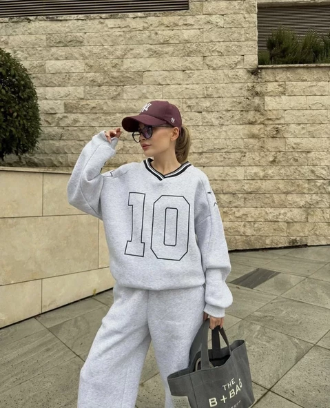 V Yaka  Sweat Takım - Gri