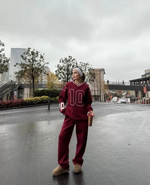 V Yaka Sweat Takım - Bordo - 5