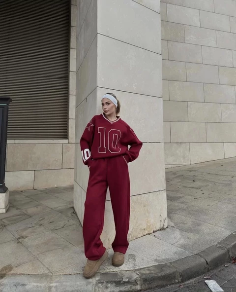 V Yaka Sweat Takım - Bordo - 7