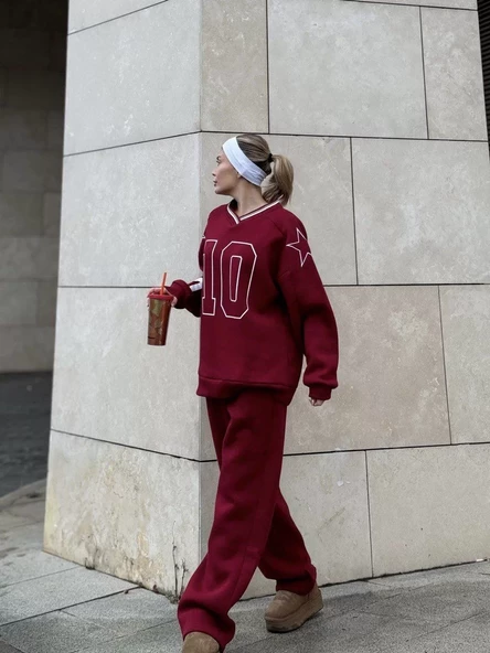 V Yaka Sweat Takım - Bordo - 6